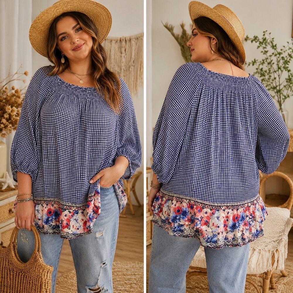 Boho Cottagecore Gingham Floral Peasant Blouse 1X Smocked Flowy Womens Top